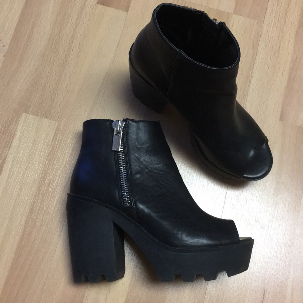 Open toe faux leather boots
